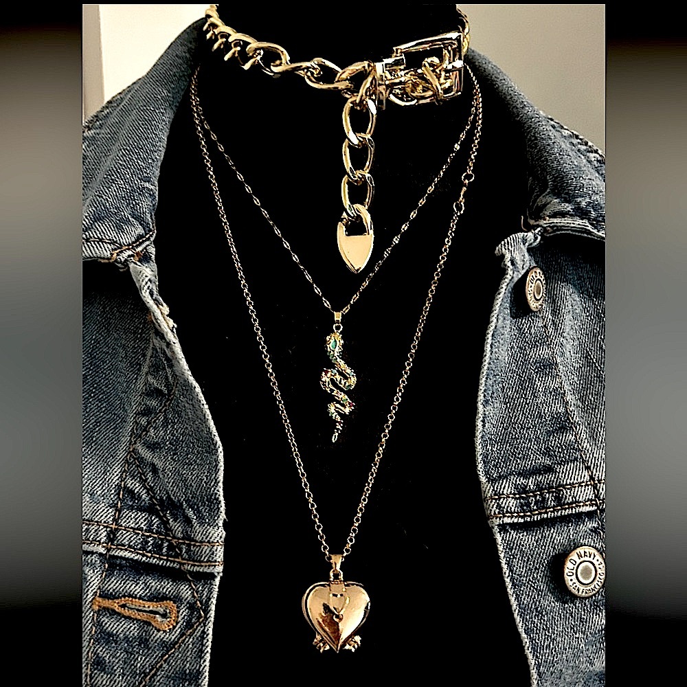 Multi Layer Set of Gold Tone Pendant Necklaces w/ Snake Charm & Heart Locket.